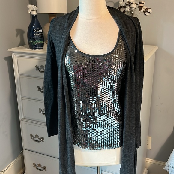 Sequin Top Tank Knit Long Sleeve Belted Charcoal Gray Womens Medium Tie Belt - Picture 5 of 16